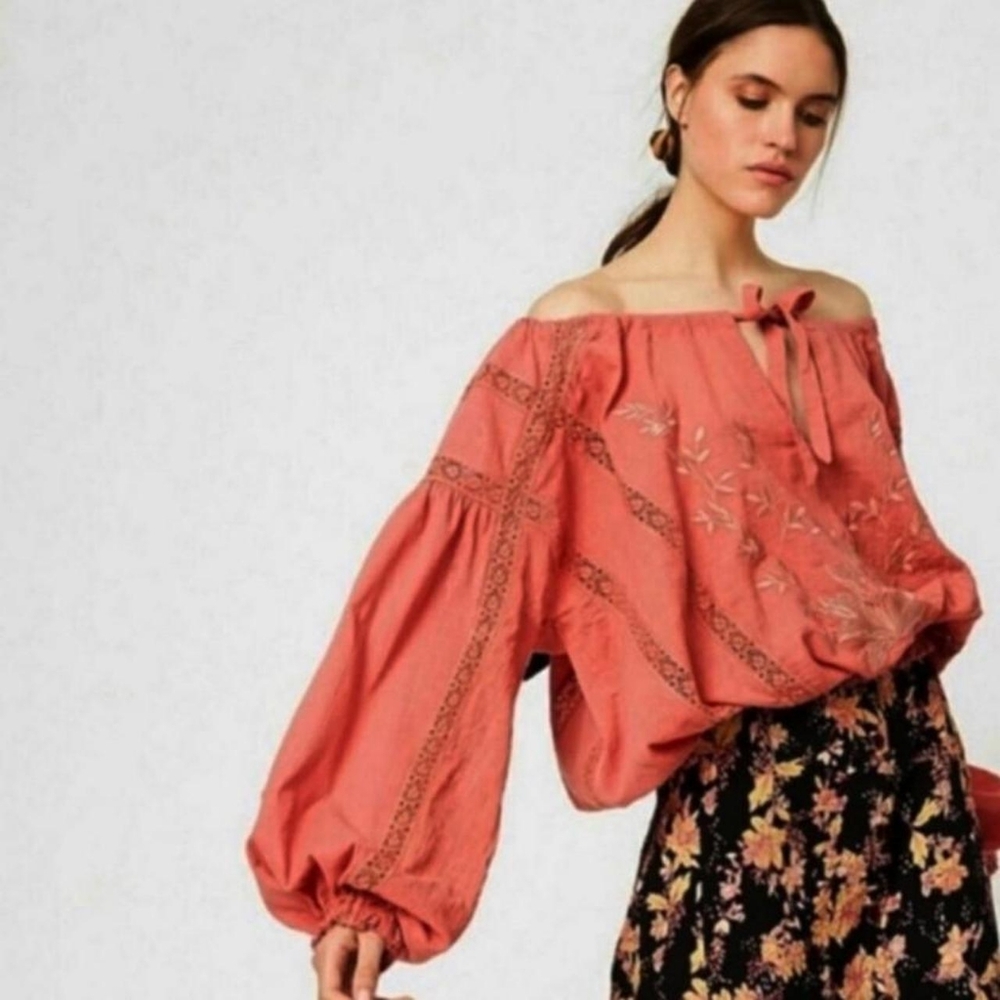 Free people Athena maria crochet embroidered peasant top blouse boho indie XS